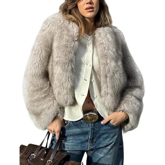 Jackets & Blazers - Women's Grey Wyeysyt Faux Fur Cropped Coat Fluffy Open Front Warm Winter Jacket